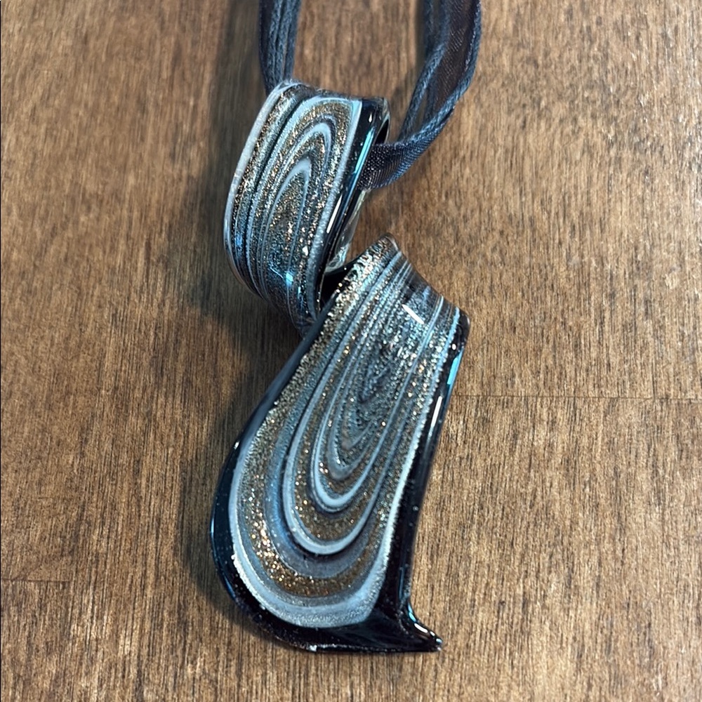 Black Silver and Gold Glass Pendant Necklace